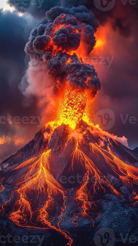 Volcano erupting with lava flowing downhill and smoke filling sky photo