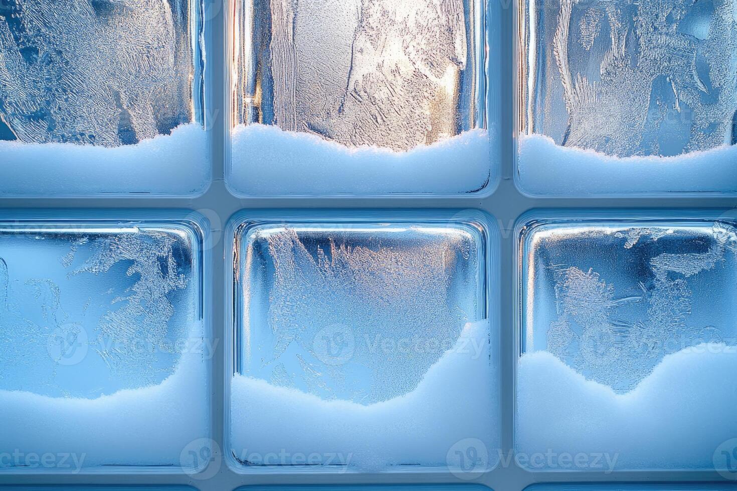 Frost forming on glass block window covered with snow in winter photo