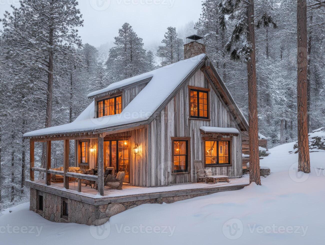 Cozy wooden cabin glowing in snowy winter wonderland at twilight photo