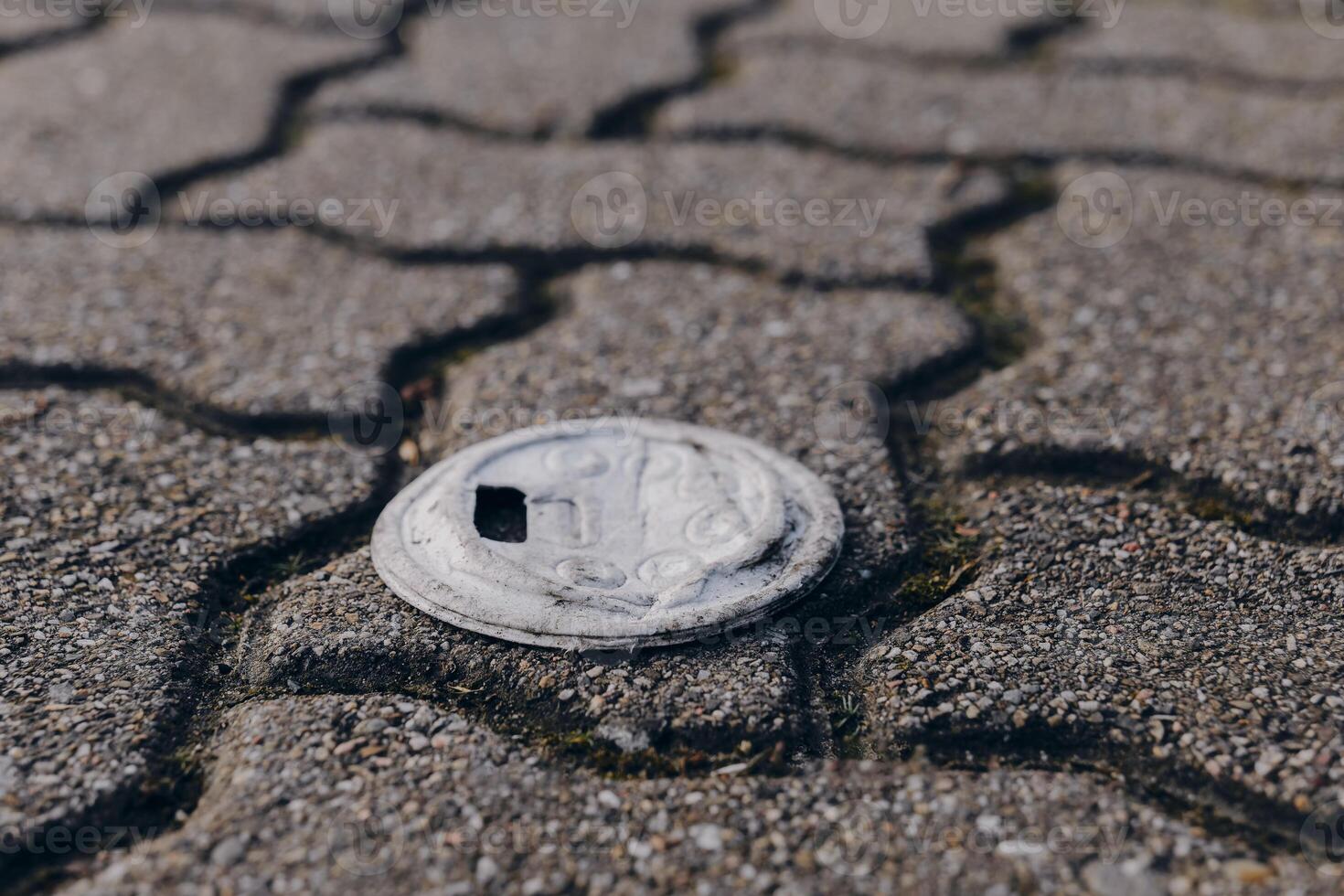 Coin resting on a textured pavement with cracked surface in an urban environment during daylight photo
