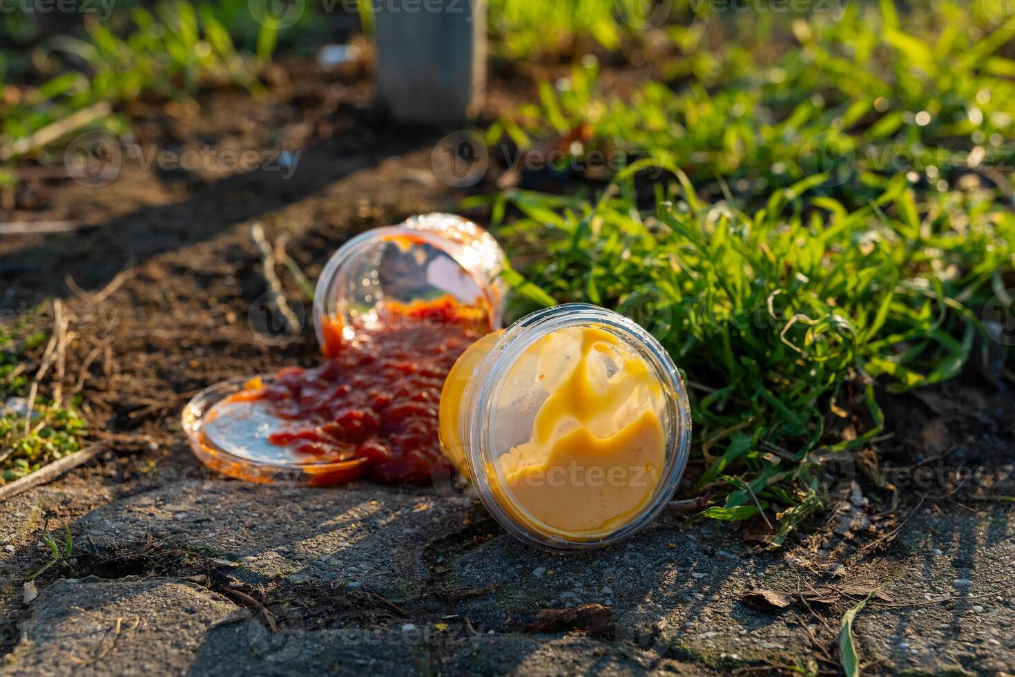 Spilled condiments on the ground in a grassy area during golden hour light photo