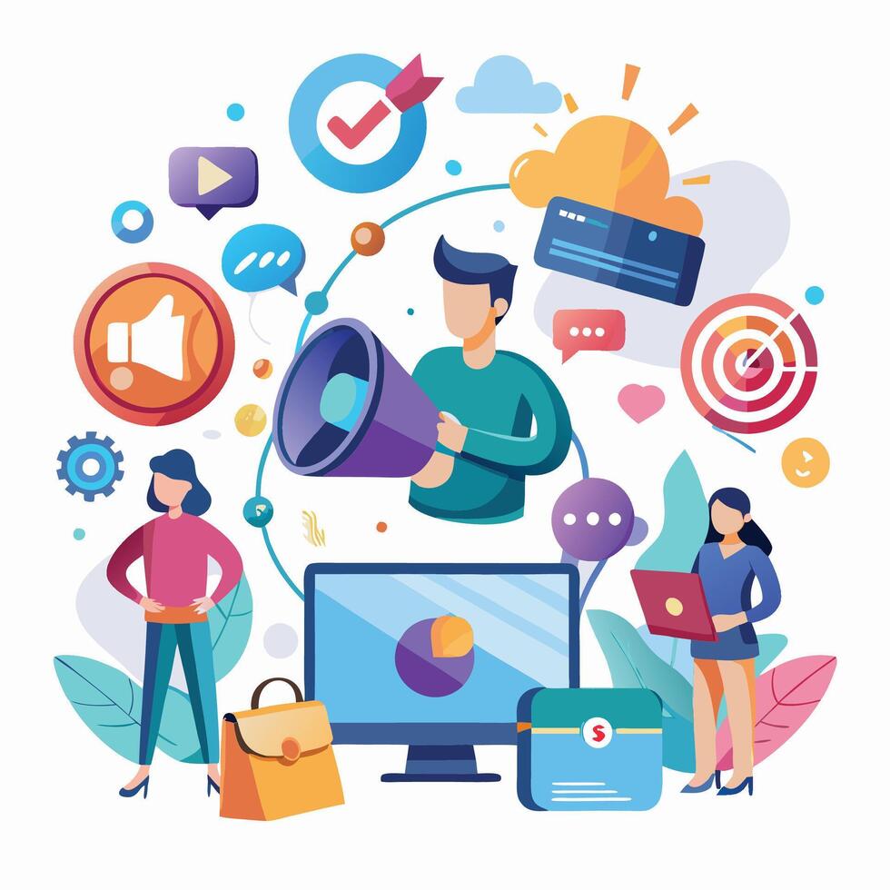 people are surrounded by various marketing icons vector