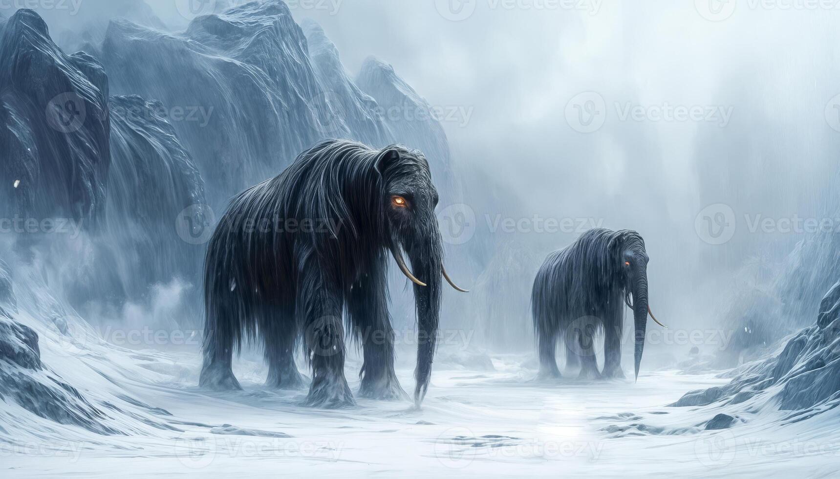 Impressive Ice age mammoths walk in the snow and beautiful winter mountain landscape photo
