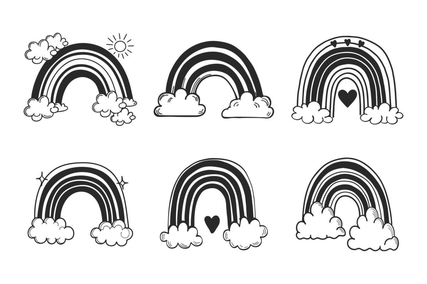 Set of cute doodle rainbows with clouds and hearts. Icons, hand drawn illustration. vector