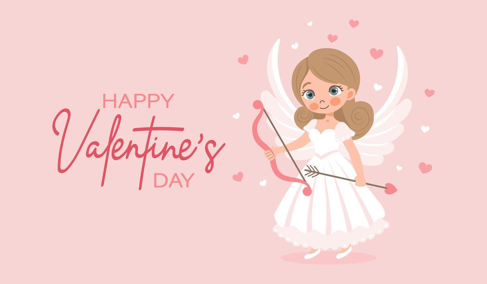 Valentine's day card with cute angel girl, cupid with bow and arrow, holiday card vector