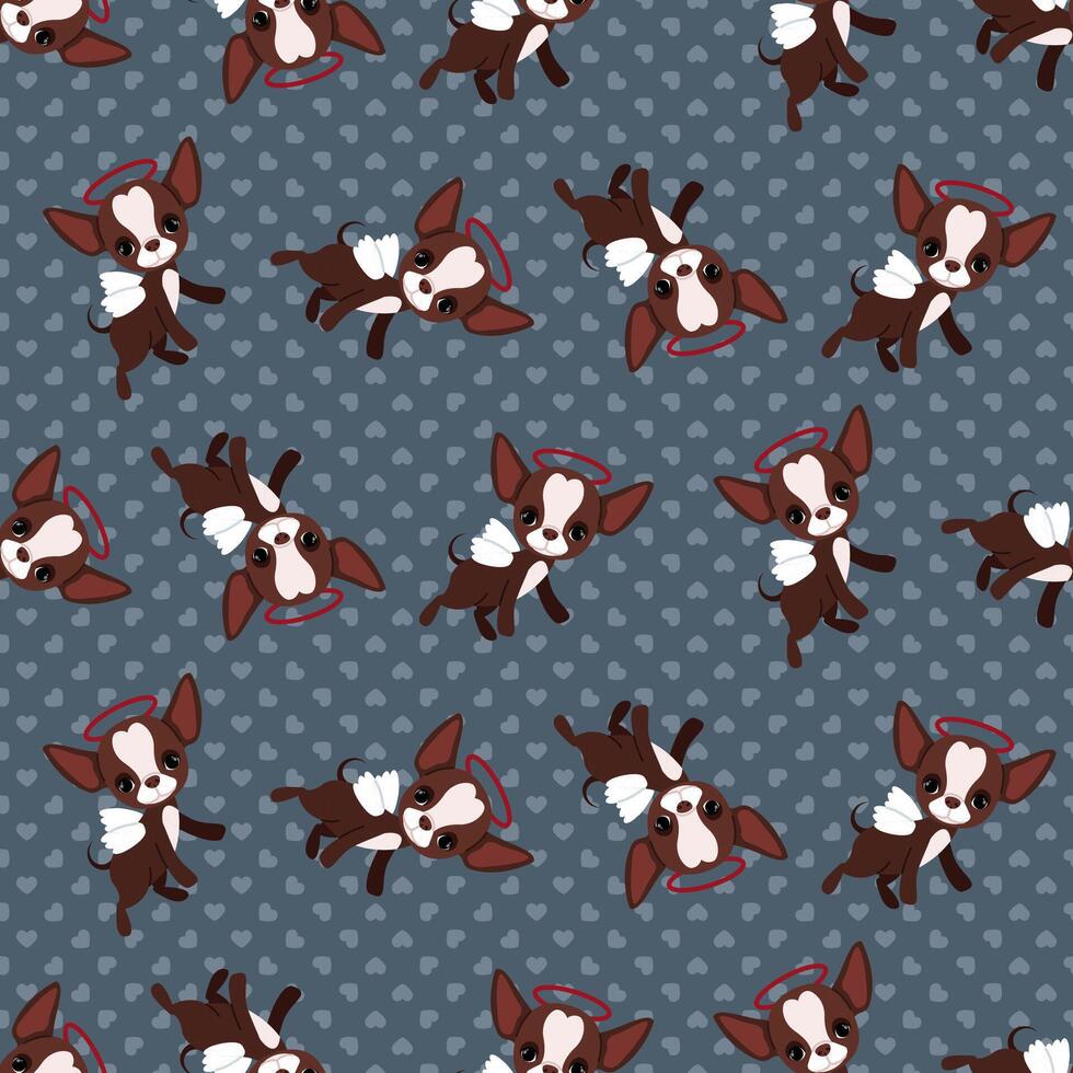 Cute little chihuahua cupids with wings on hearts background in seamless pattern vector