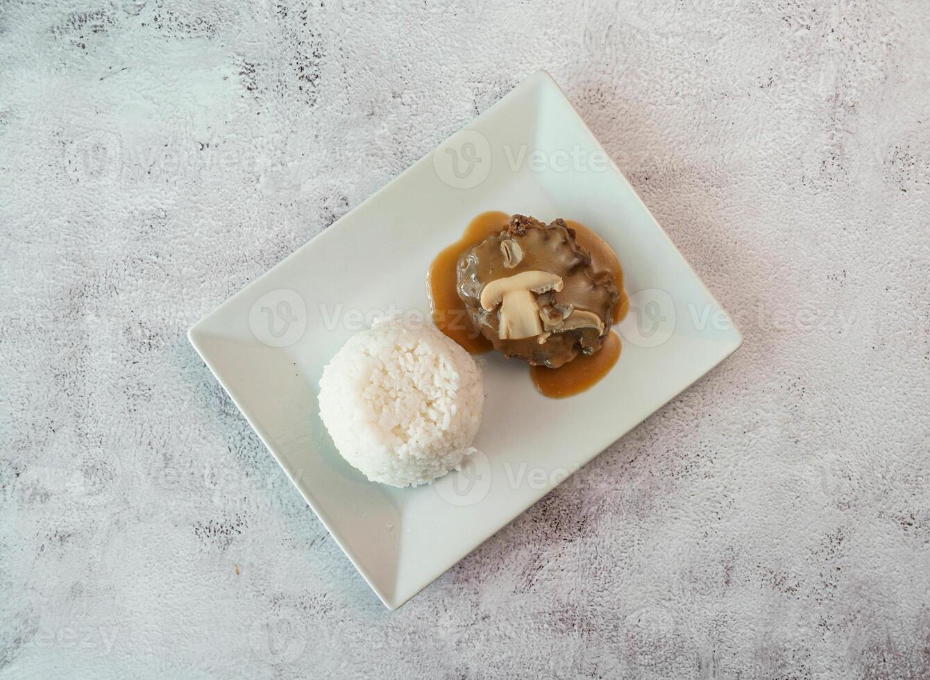 Chicken or Pork Steak with Mushroom Sauce and Rice photo