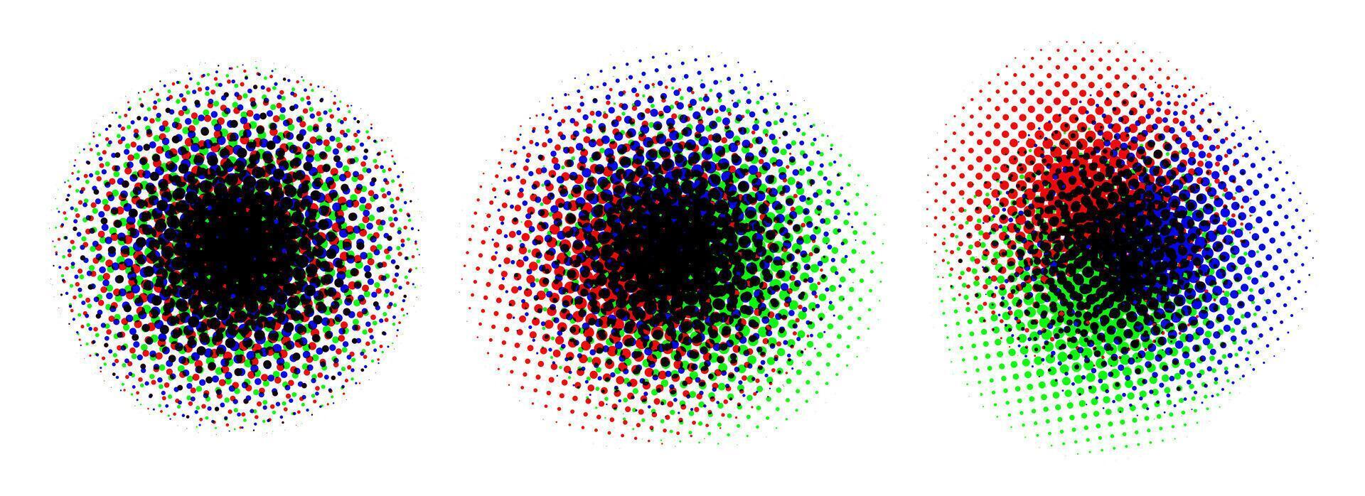 Halftone round background set. RGB color dotted half tone shapes. Grunge ink press splash stains and blots. RGB textured pixelated circle gradient collection. Print production raster glitch vector