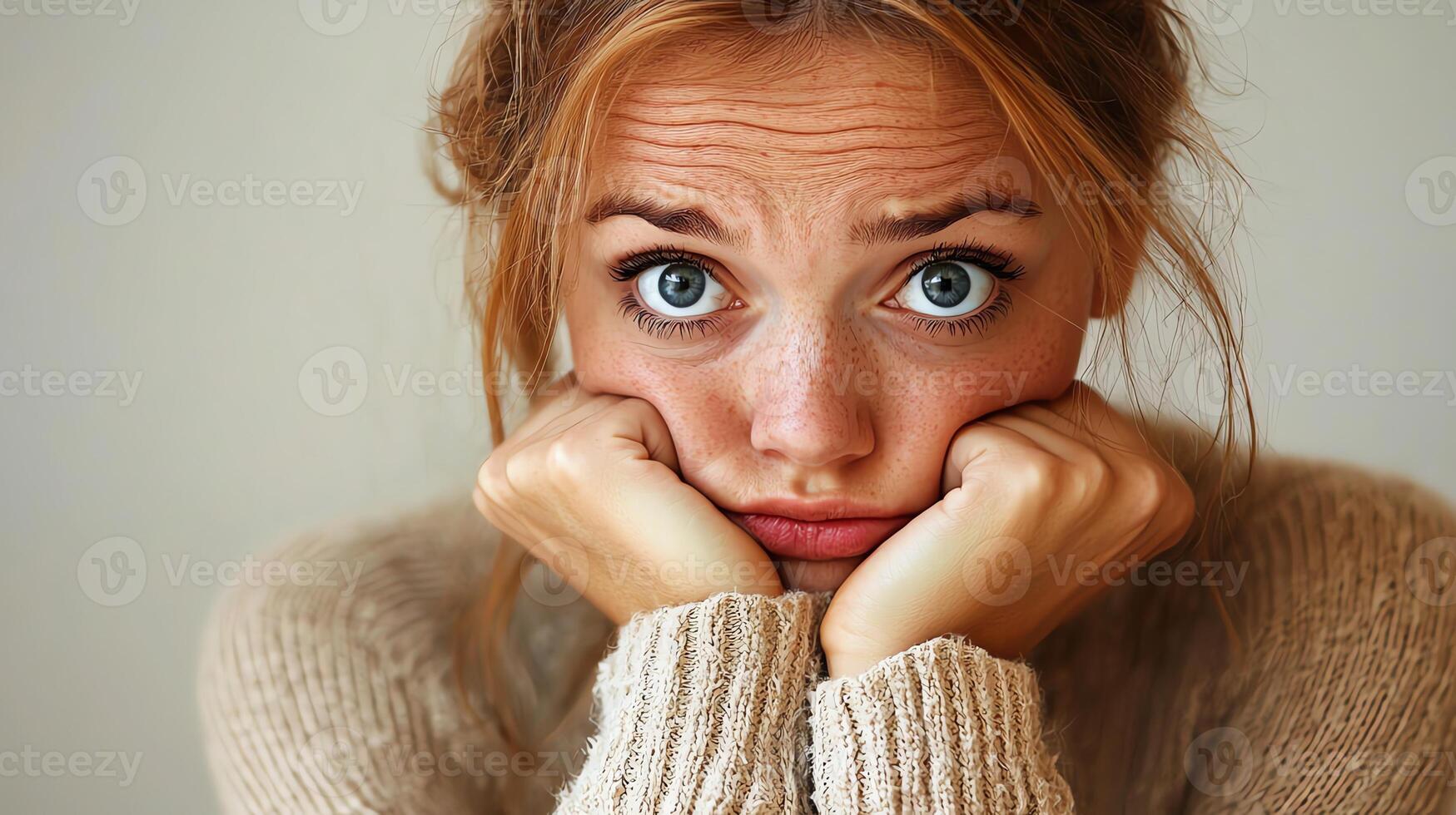 A woman with brown hair and blue eyes is looking down photo