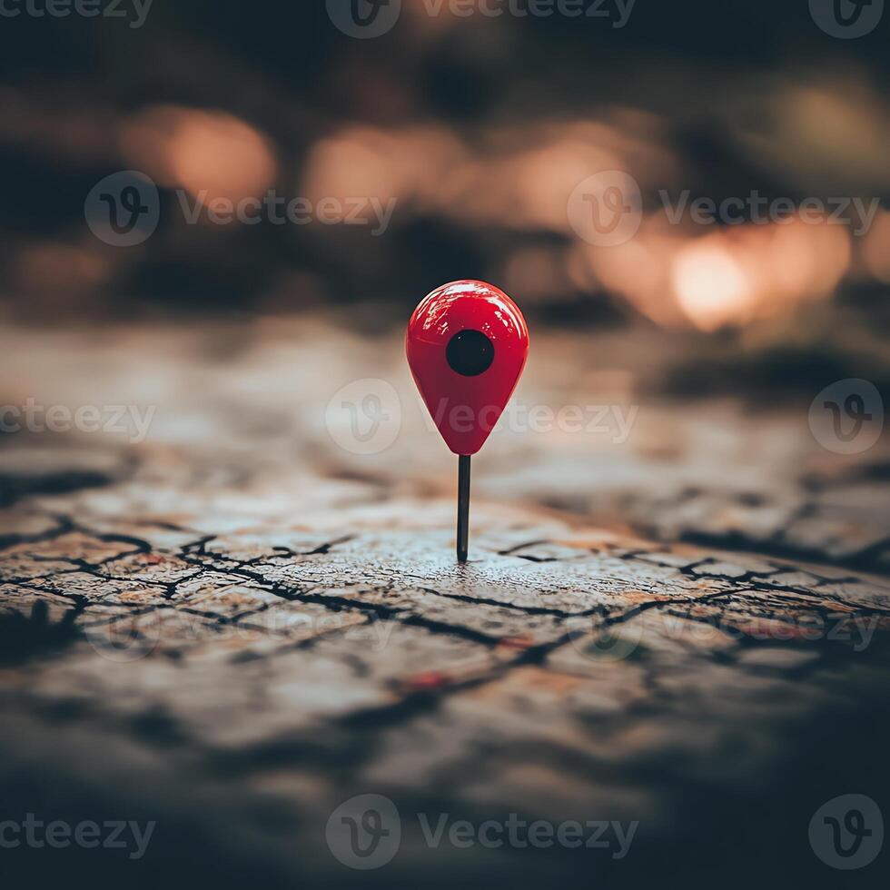 A red pin is on a map photo