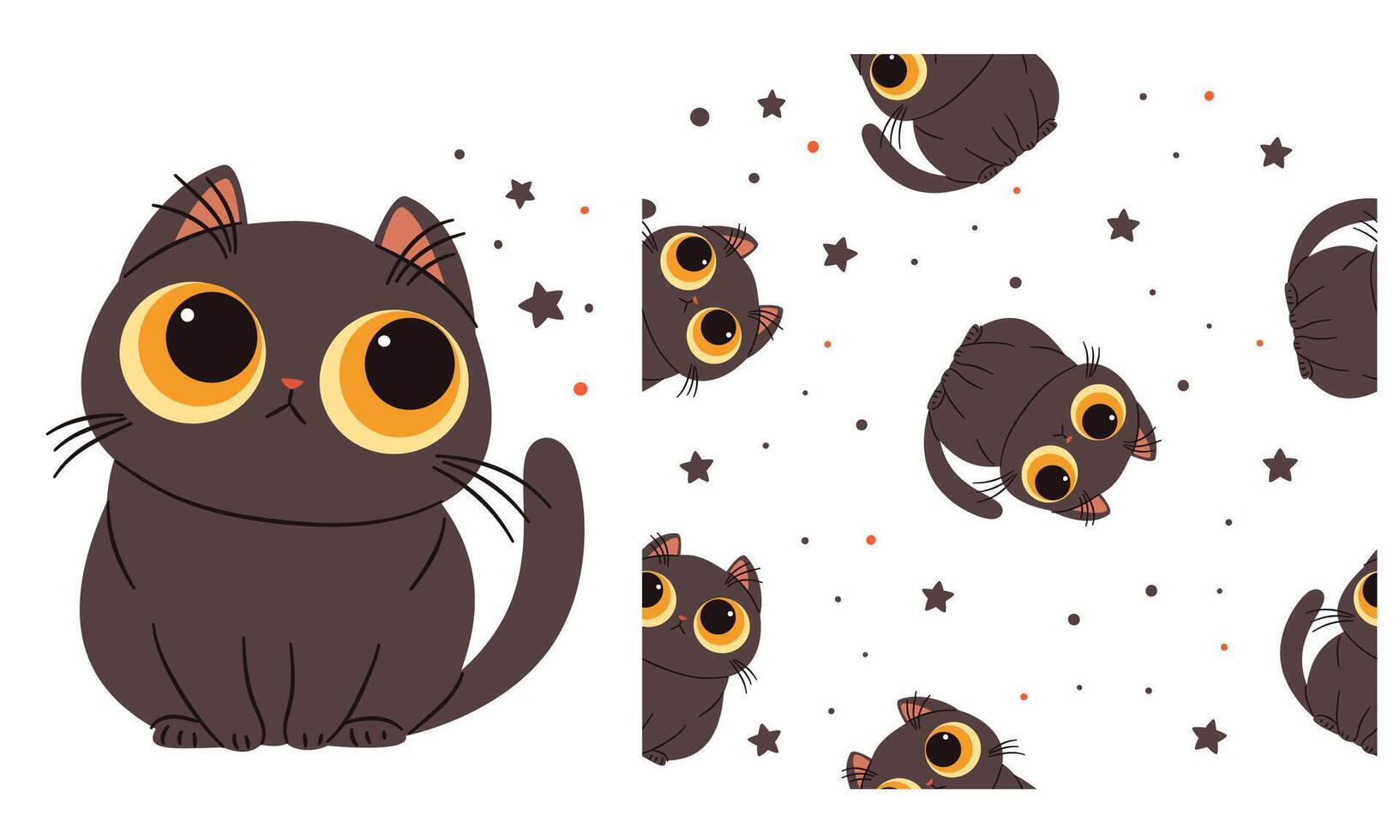 set for printing on children's products. Cute black cat with big eyes, stars, printable print and seamless pattern vector
