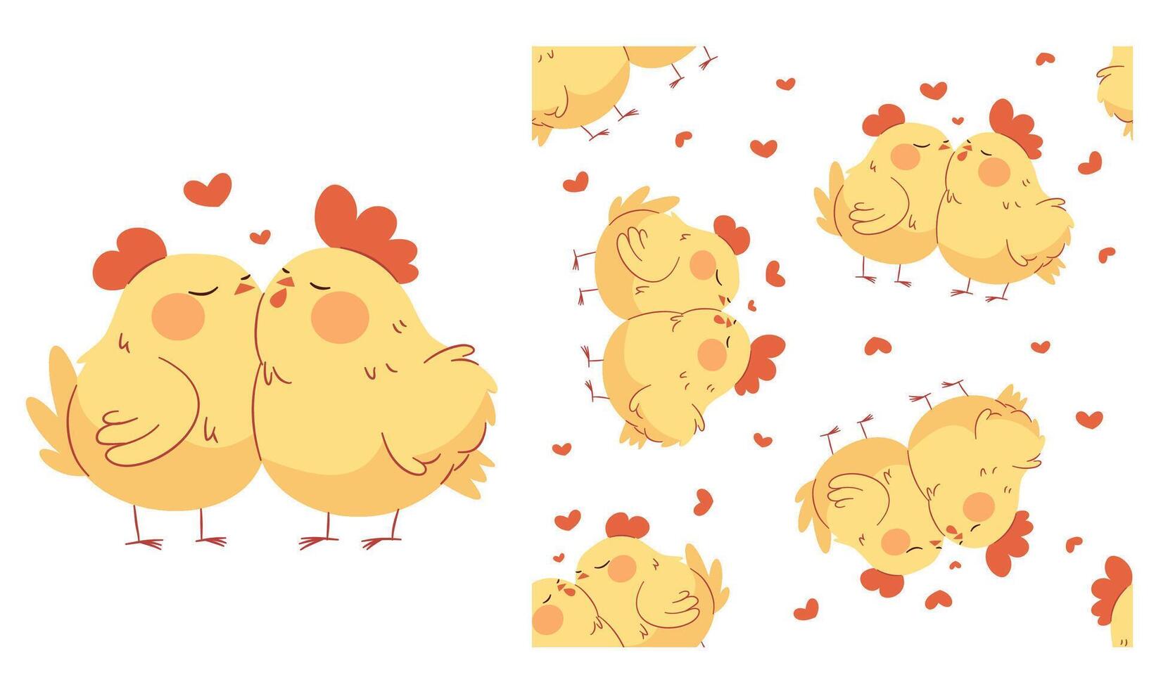 set for printing on children's products. Cute chickens in love with hearts, printable print and seamless pattern vector