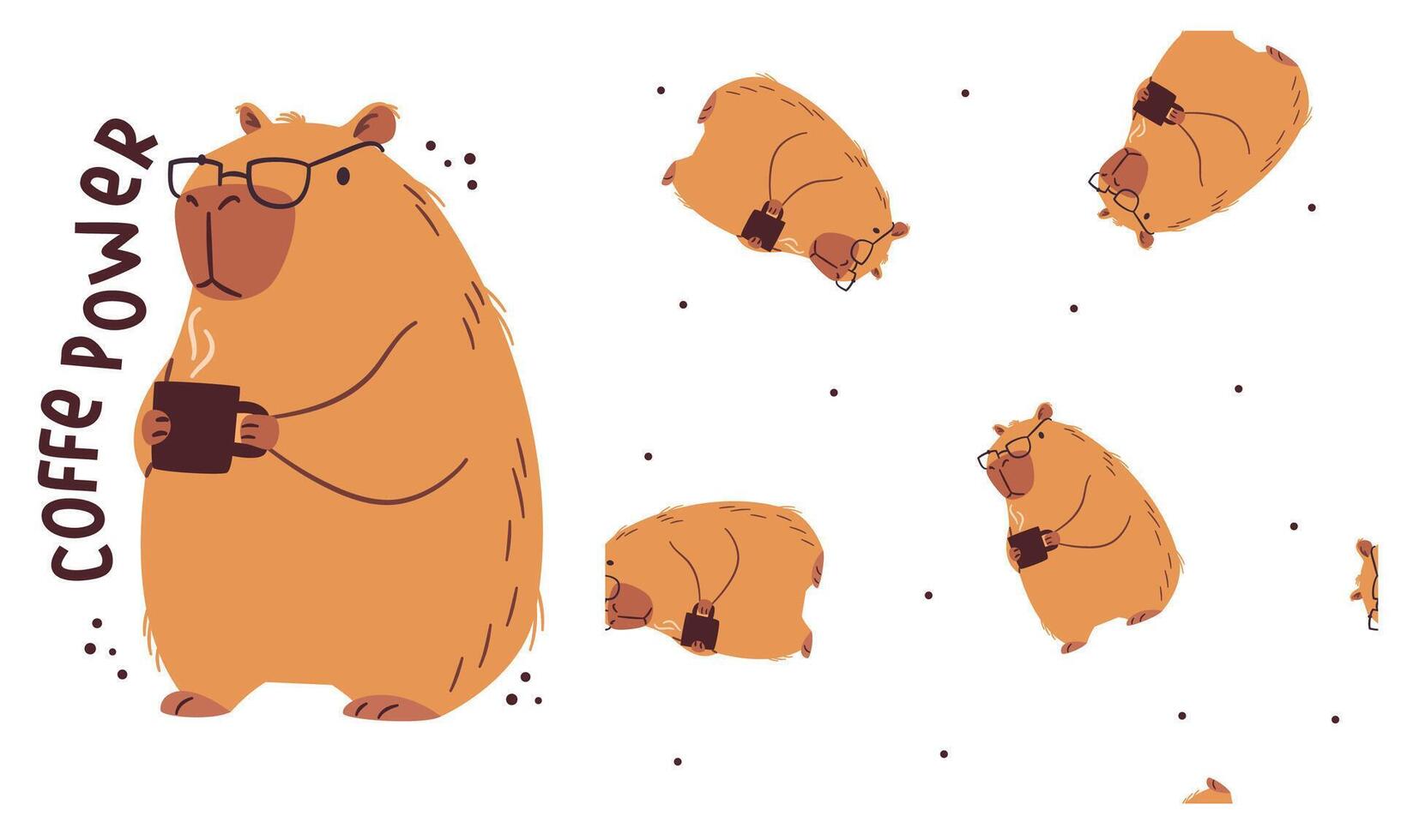 set for printing on children's products. Cute capybara wearing office glasses and holding a coffee mug, coffee power caption, printable print and seamless pattern vector