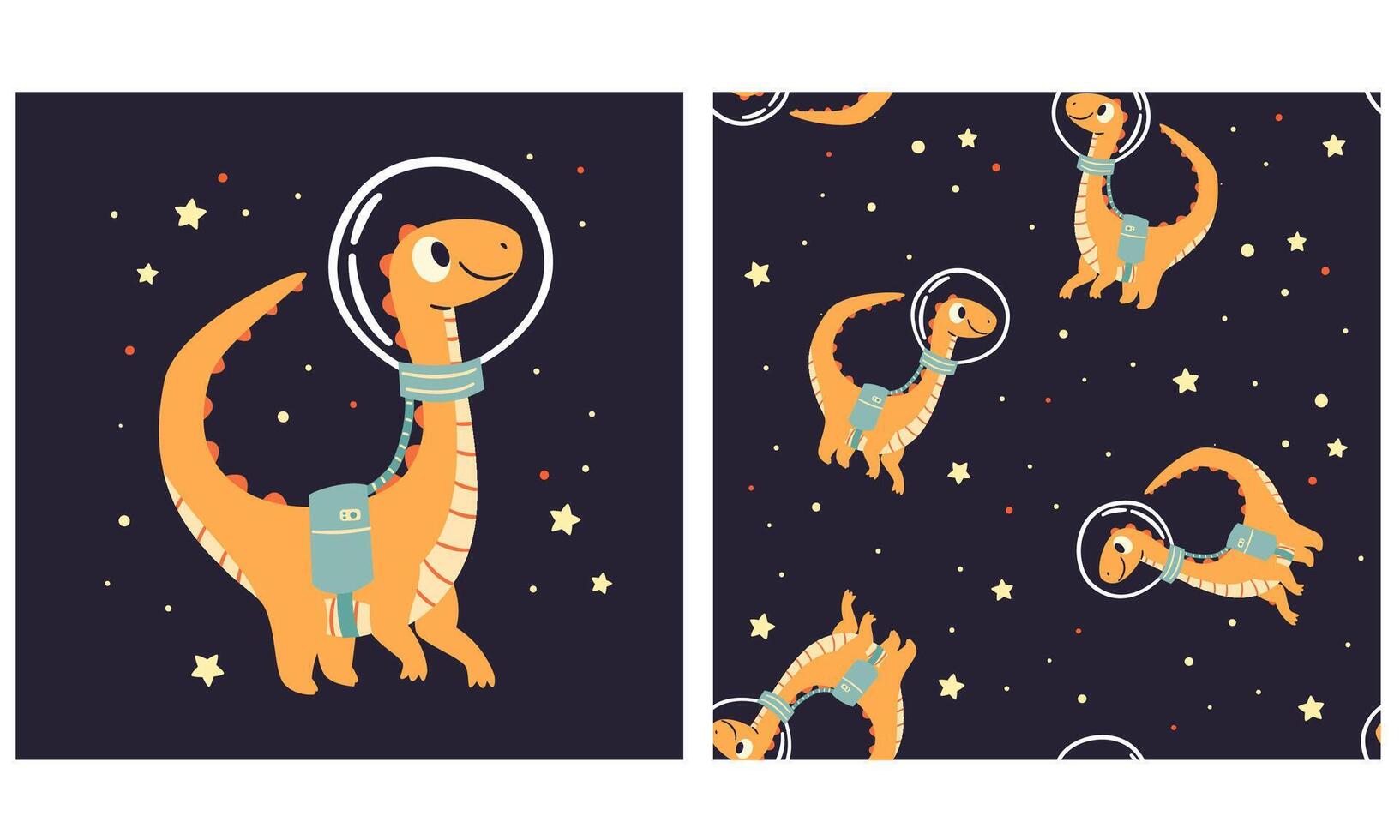 set for printing on children's products. Cute dinosaur flying in space, printable print and seamless pattern vector