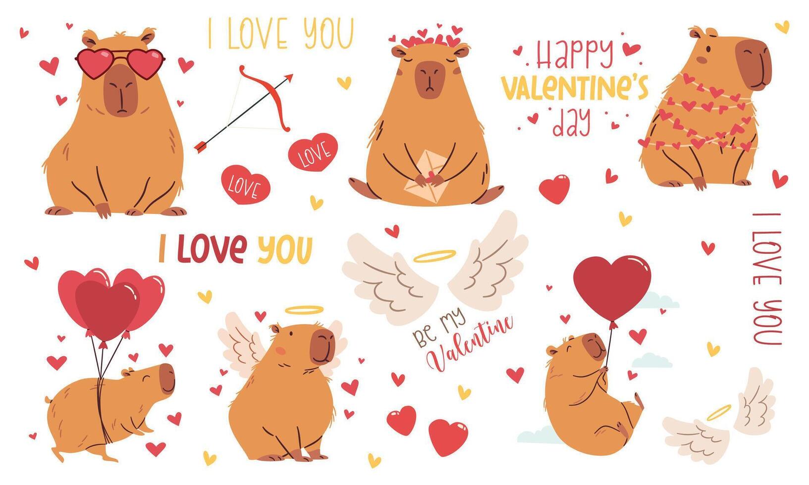 A set of flat illustrations in a simple children's style on the theme of valentine's day. Cute capybaras with hearts and wings on white background, captions vector
