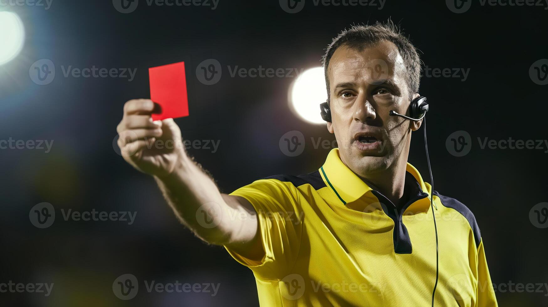 Soccer match referee with headset shows red card on soccer field photo