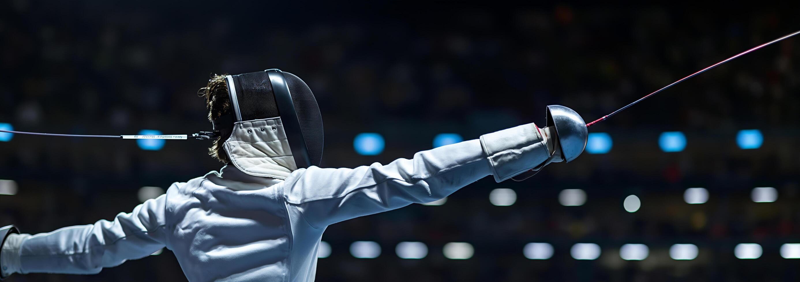 a fencer athlete is performing an attack using a sword photo