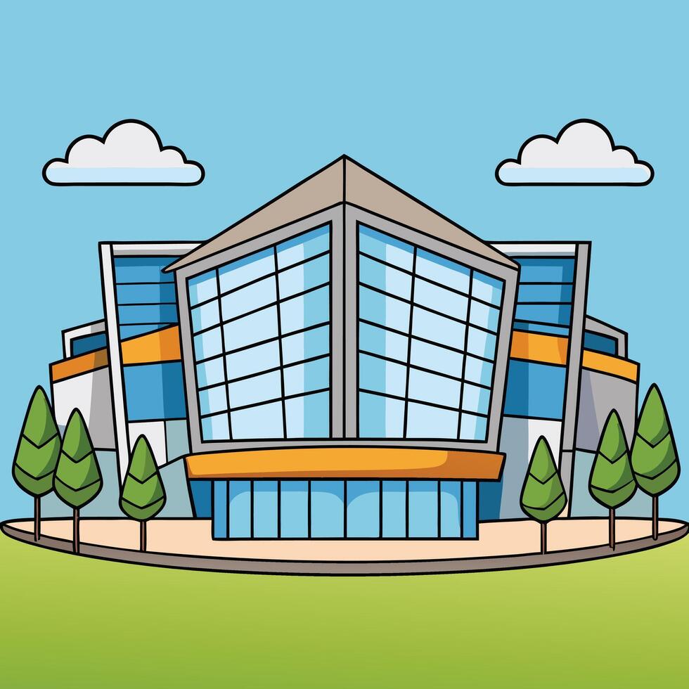 an illustration of a modern building with trees and clouds vector