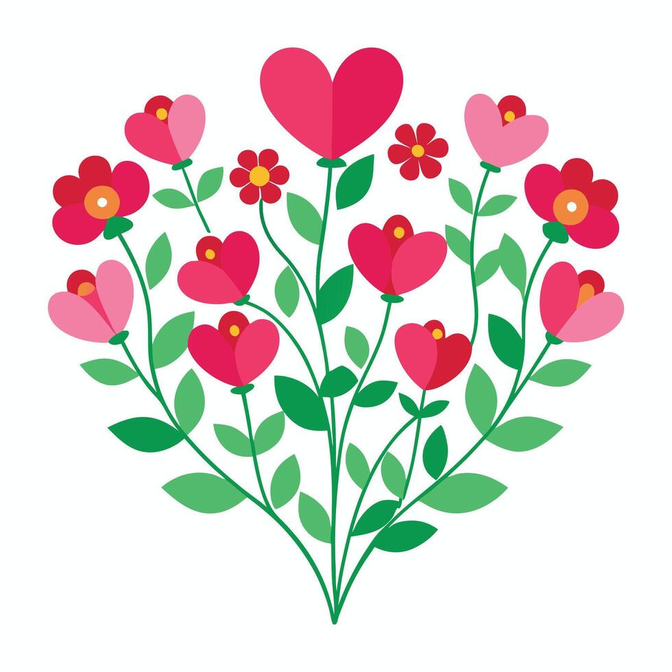 a heart shaped bouquet of flowers and leaves vector