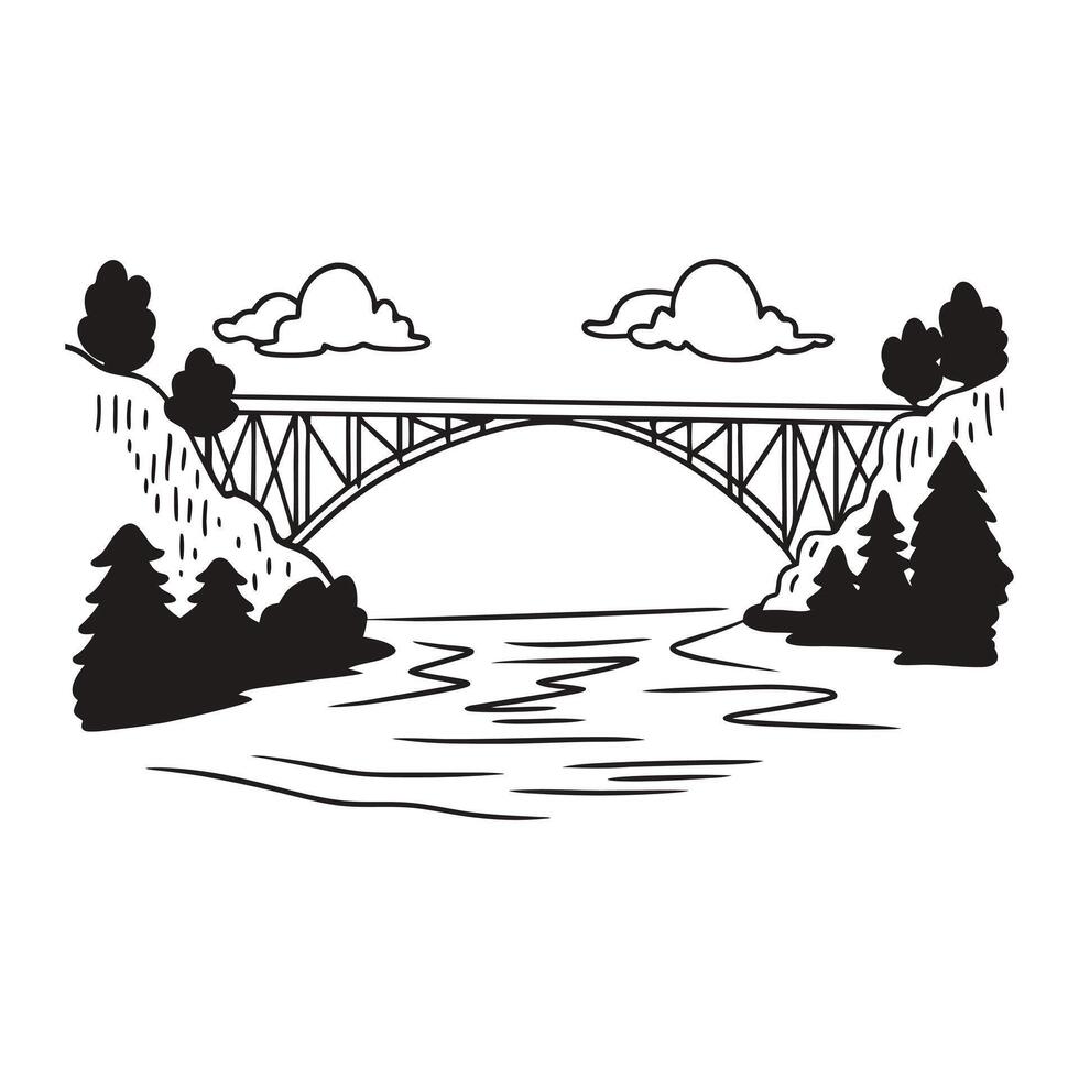 a black and white drawing of a bridge over a river. vector