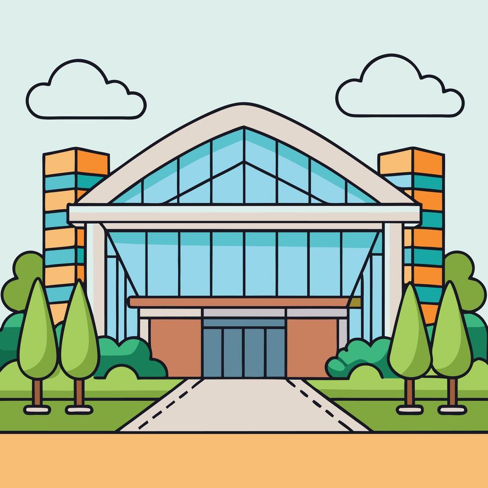 an illustration of a building with trees and bushes vector
