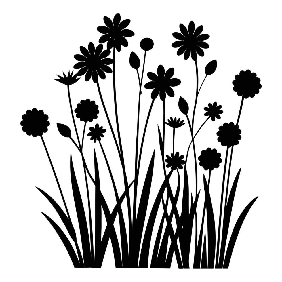 black and white silhouette of flowers and grass vector