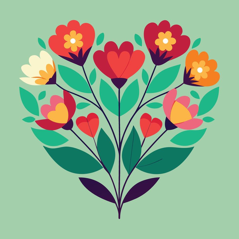 floral heart shape with flowers on green background vector