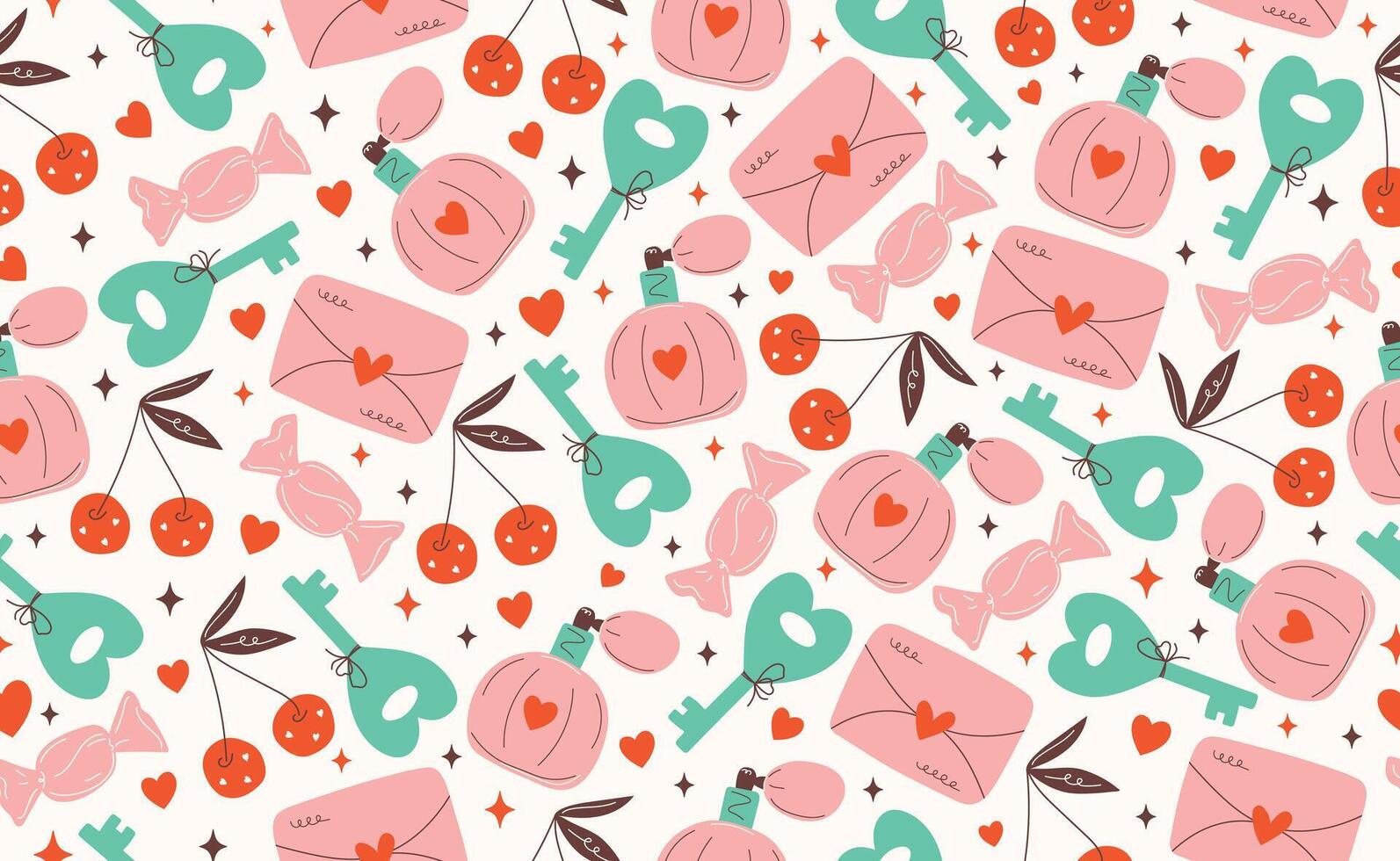 Hand drawn Valentine's day seamless pattern. Funky Groovy cartoon sticker elements. 14 February coquette collection with heart. Saint Valentine design in flat style. Isolated illustration. vector