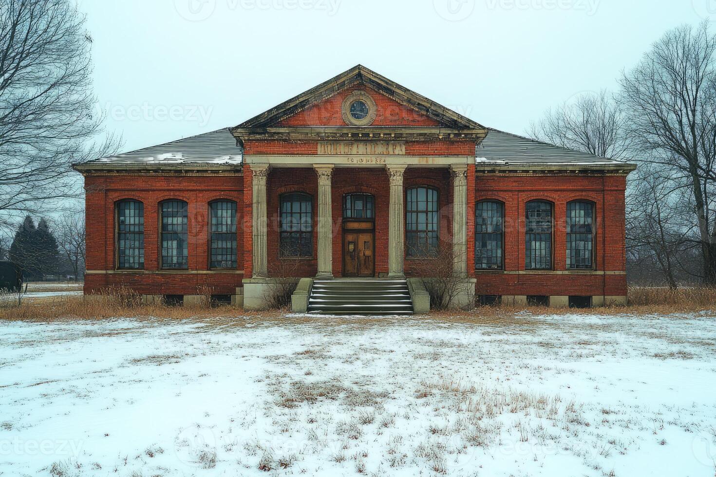 An old brick building with columns and windows photo