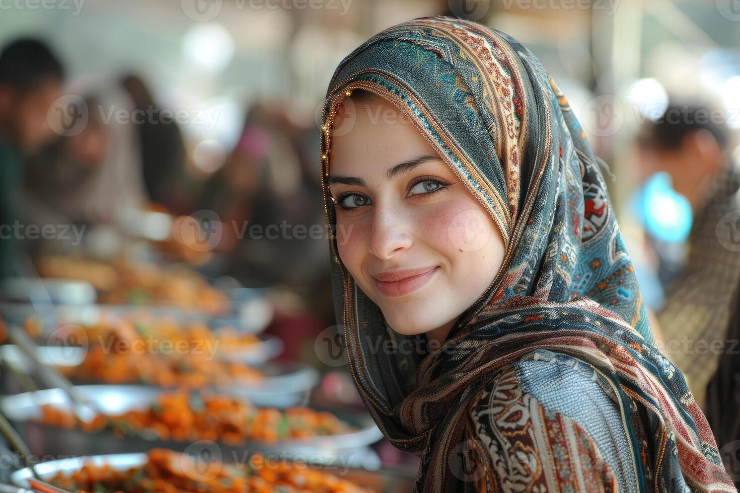 A woman wearing a headscarf is smiling at the camera photo