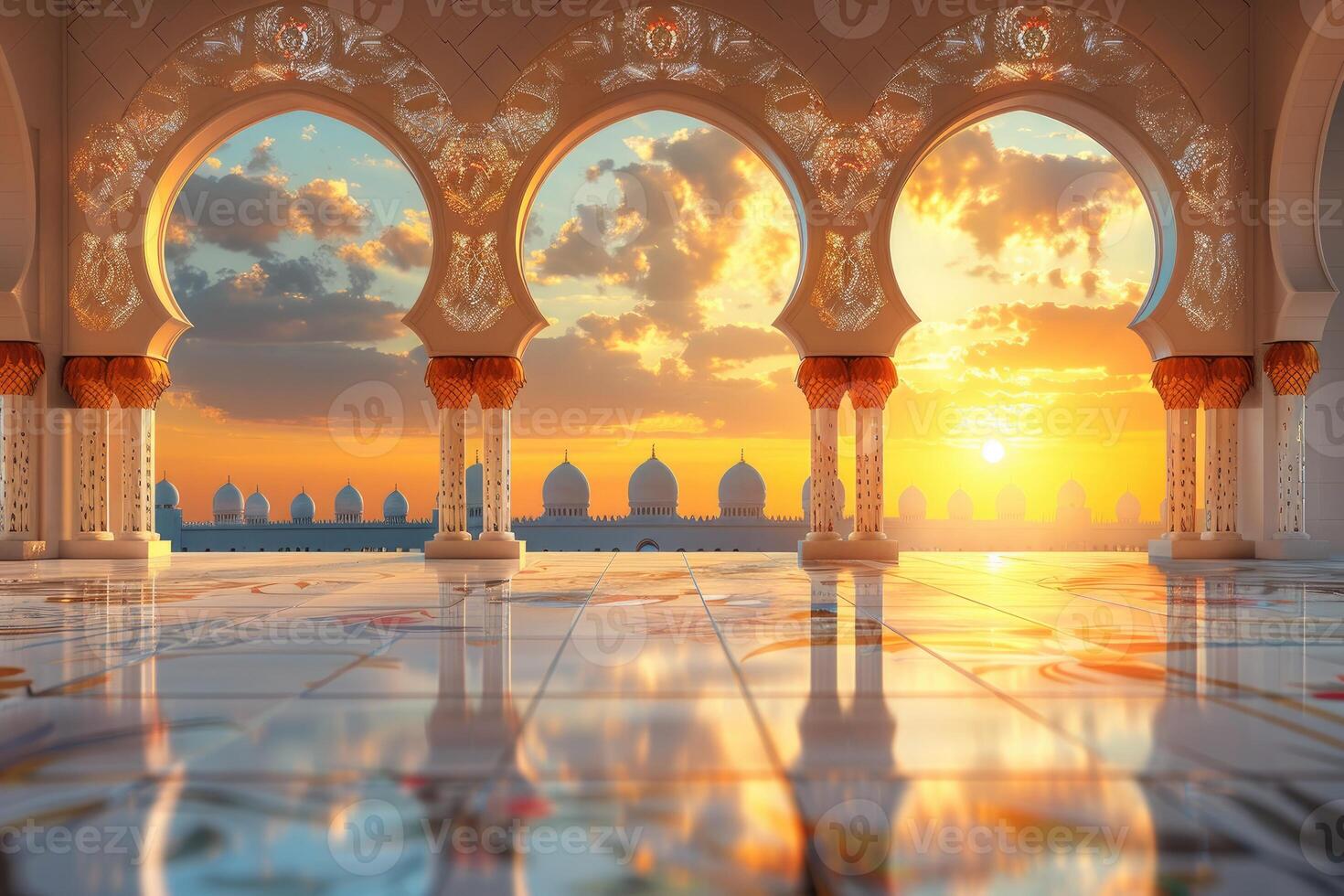 Sunset in the arabic style mosque with arches and columns photo