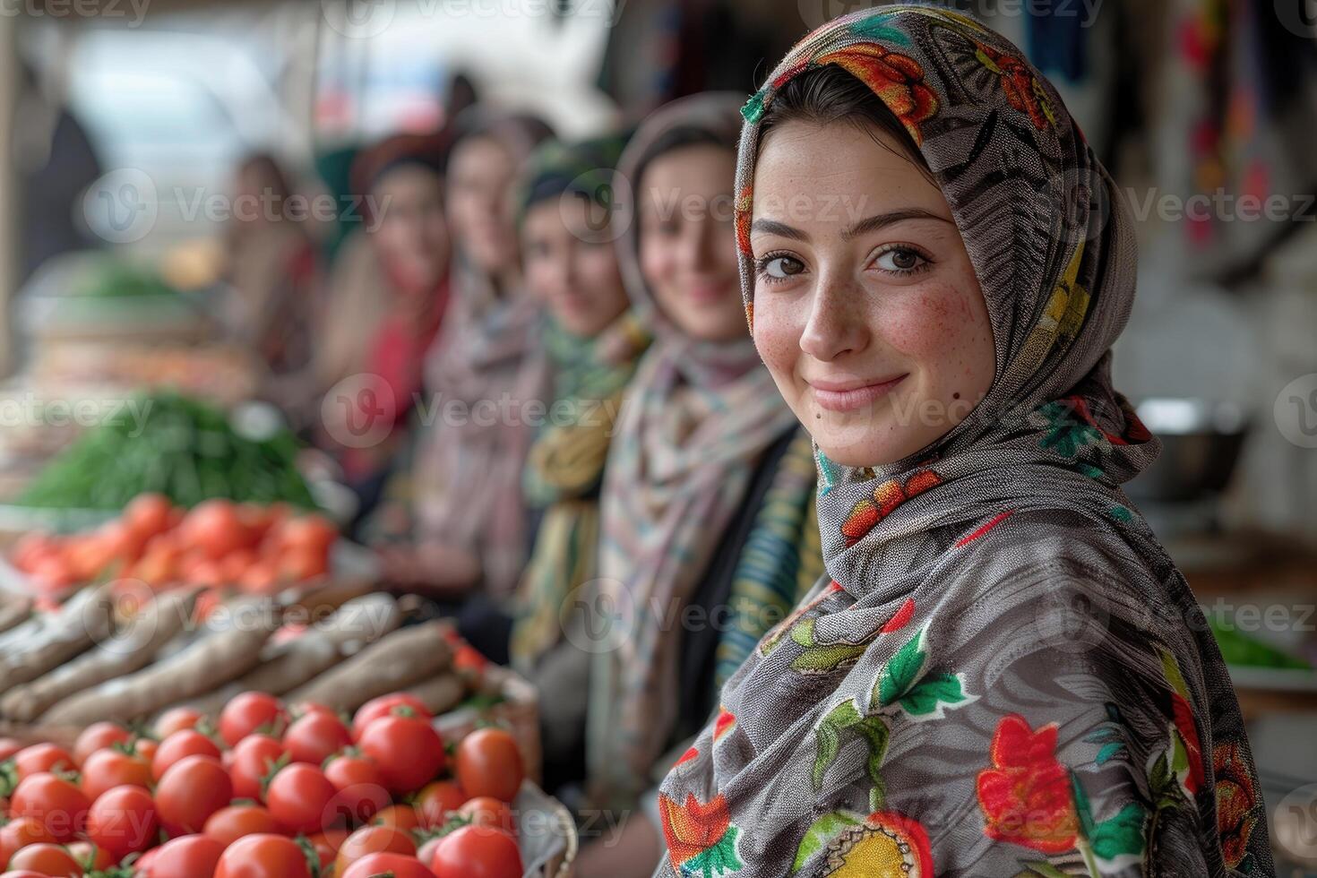 A woman in a headscarf stands in front of a group of women photo