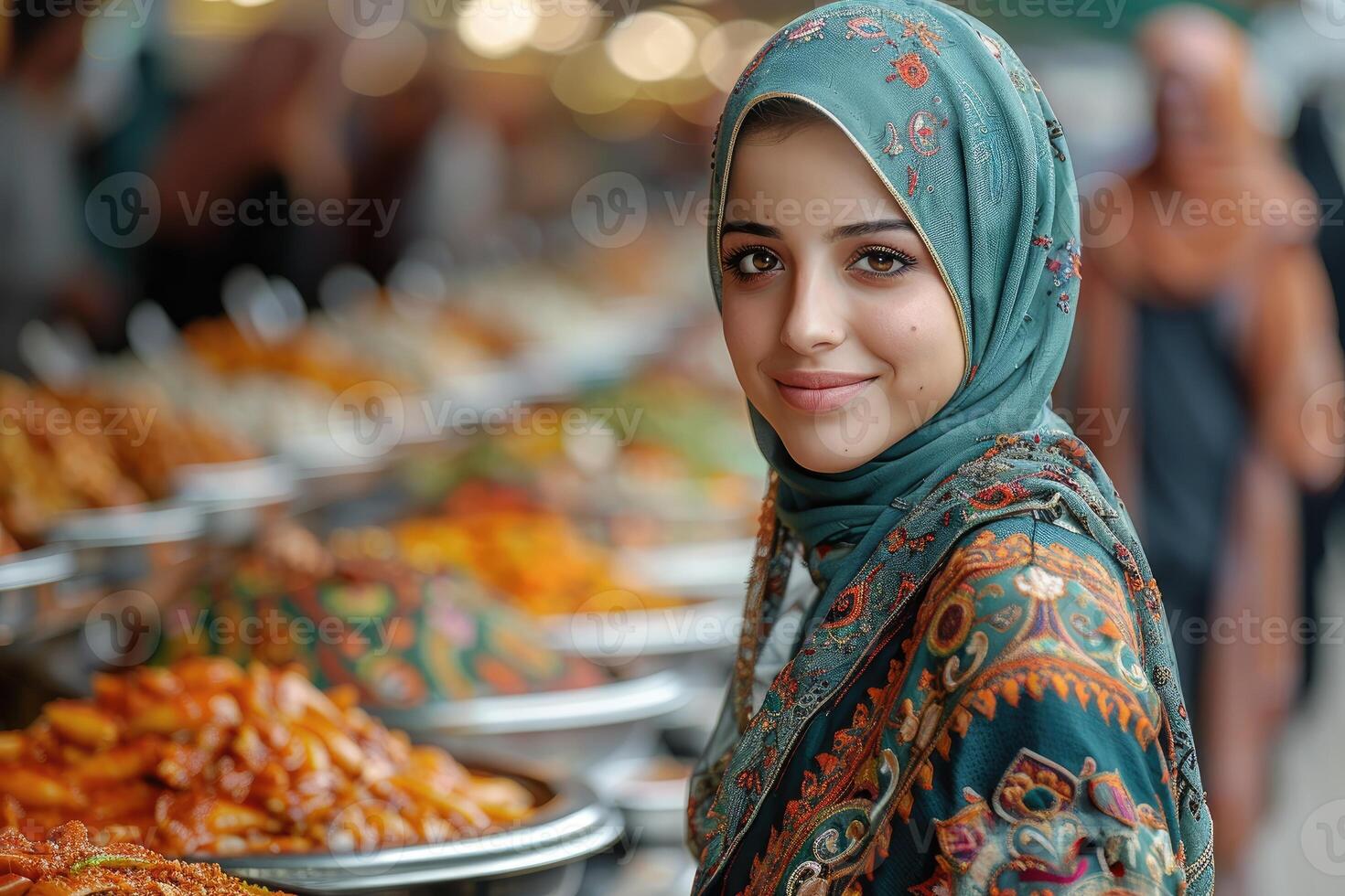 A woman wearing a headscarf stands in front of a food stand photo