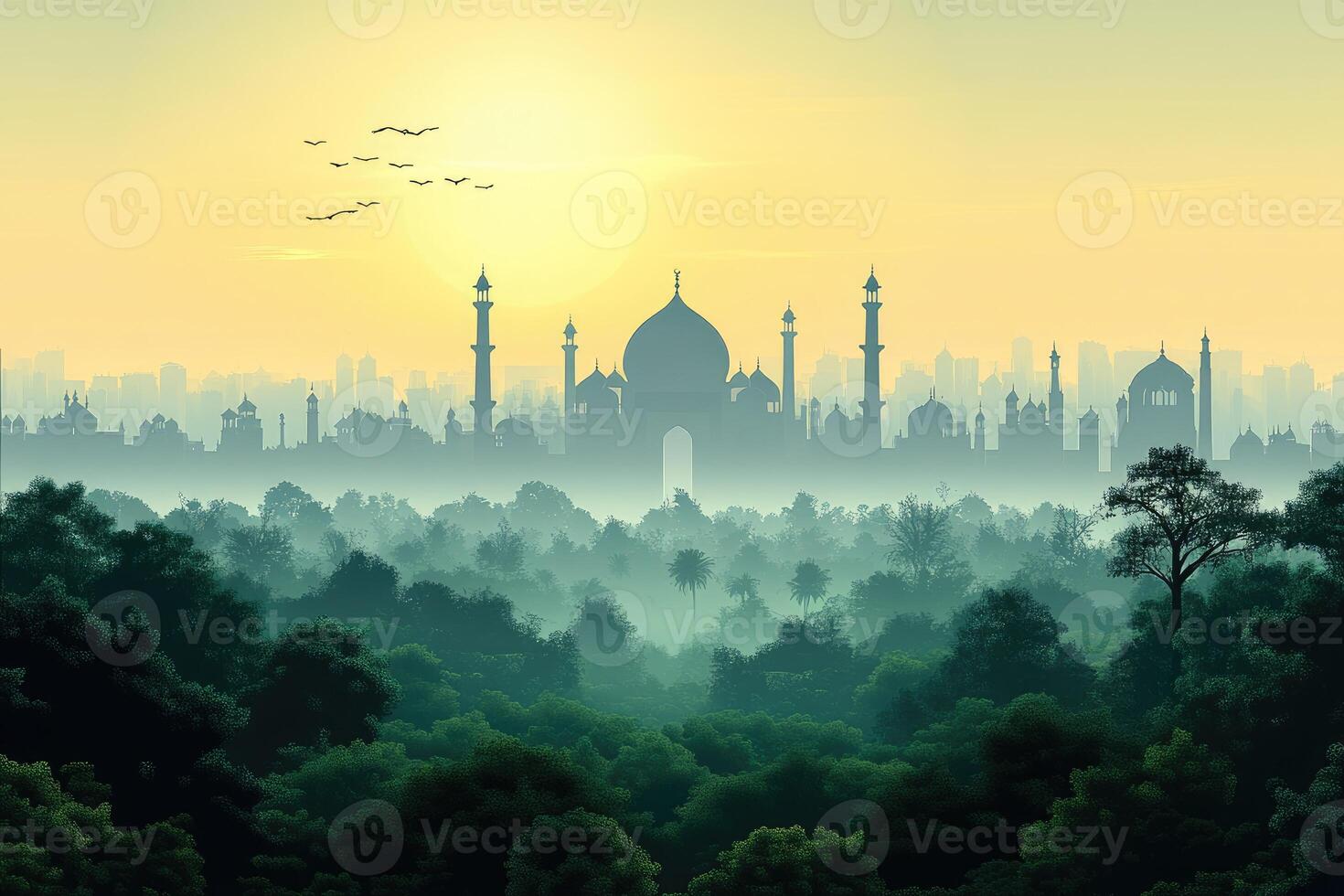 An illustration of a mosque in the middle of a forest photo