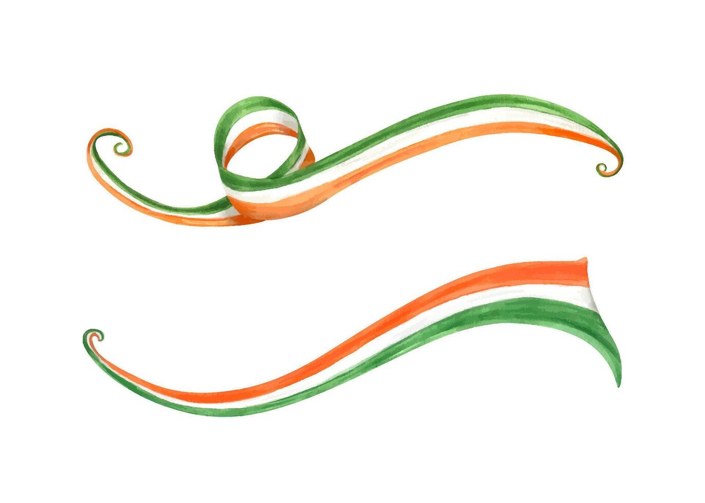 Two watercolor waving green white orange rainbow curve in Ireland flag colors illustration. Saint Patrick day 2025 decoration. Spring festive elements for holiday postcards, greetings, invitation vector