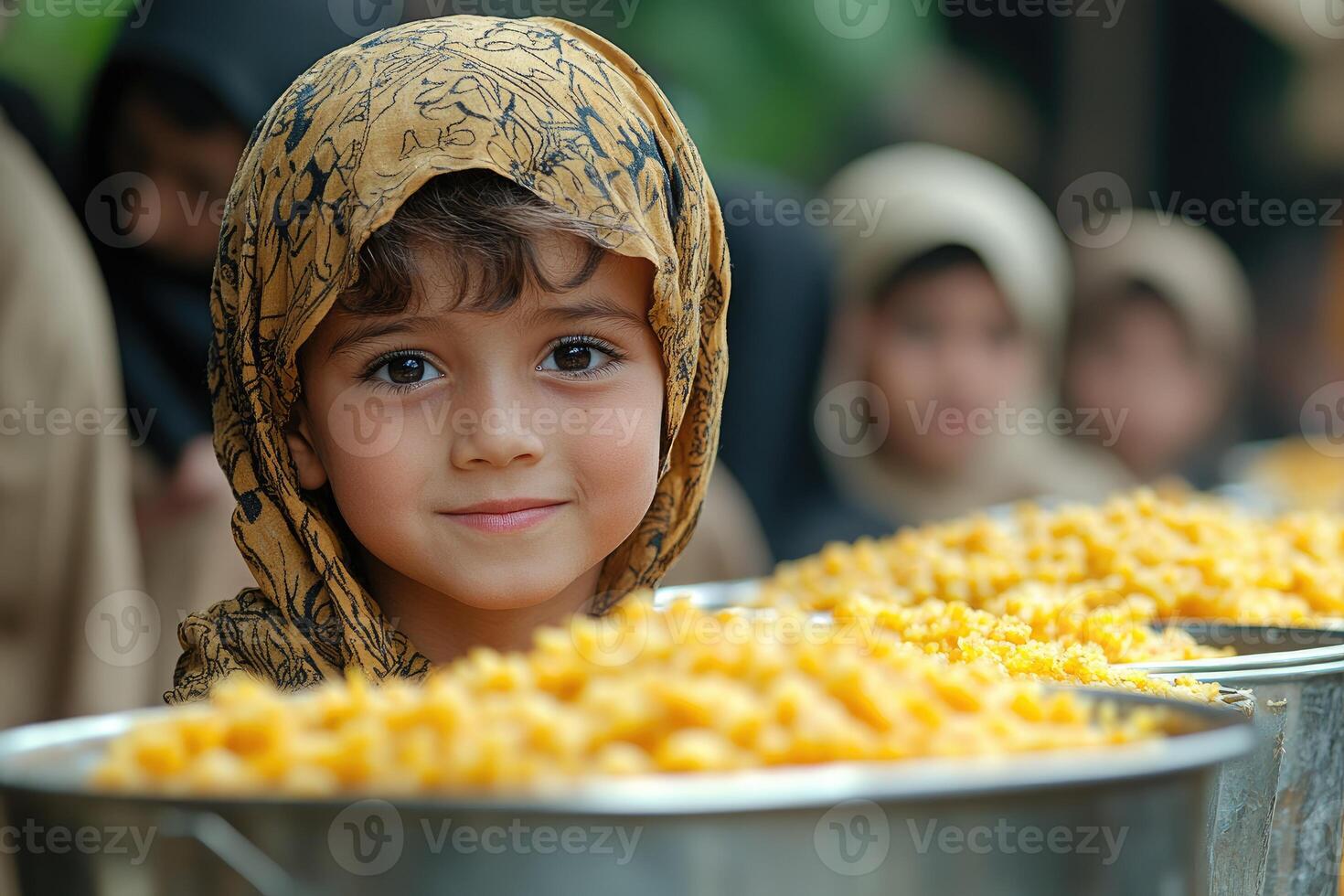 A young girl in a head scarf standing next to a large bowl of food photo