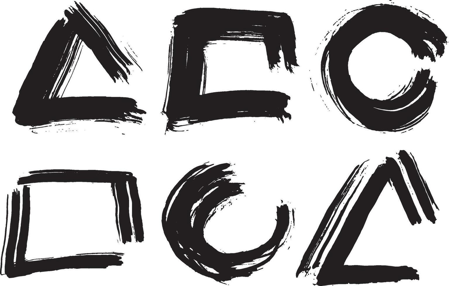 set of various geometric shapes drawn with black chaotic brush strokes, for various designs vector