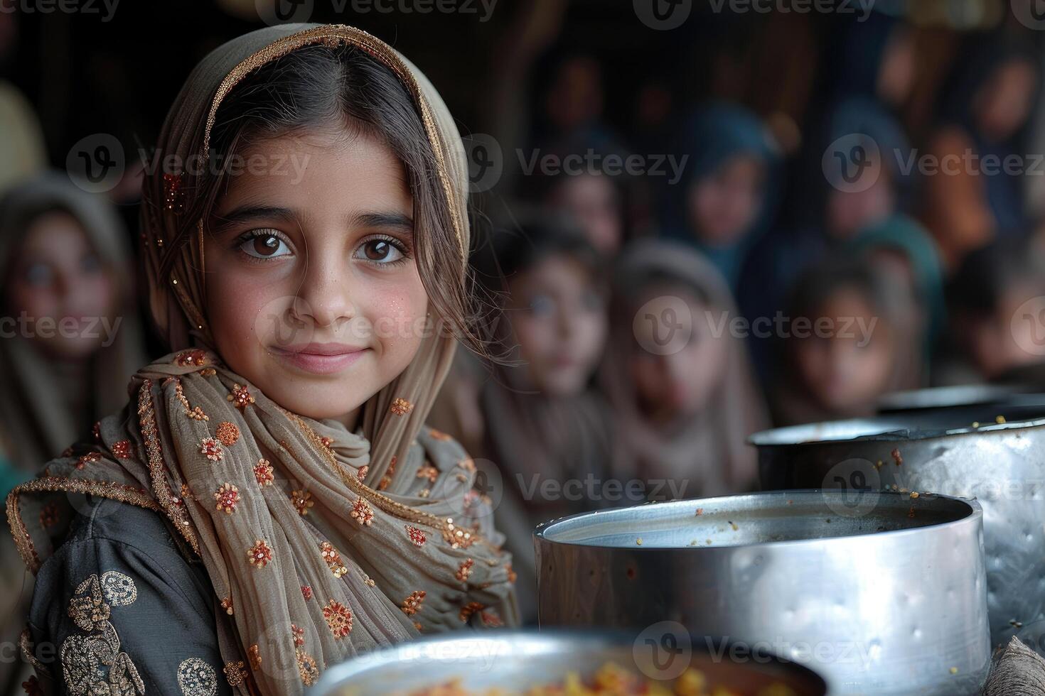 A girl in a headscarf is sitting in front of a table with food photo