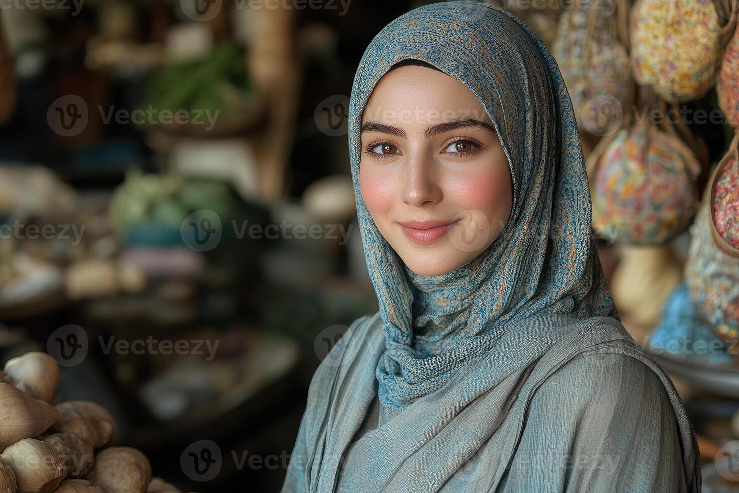 A woman wearing a hijab stands in front of a market photo