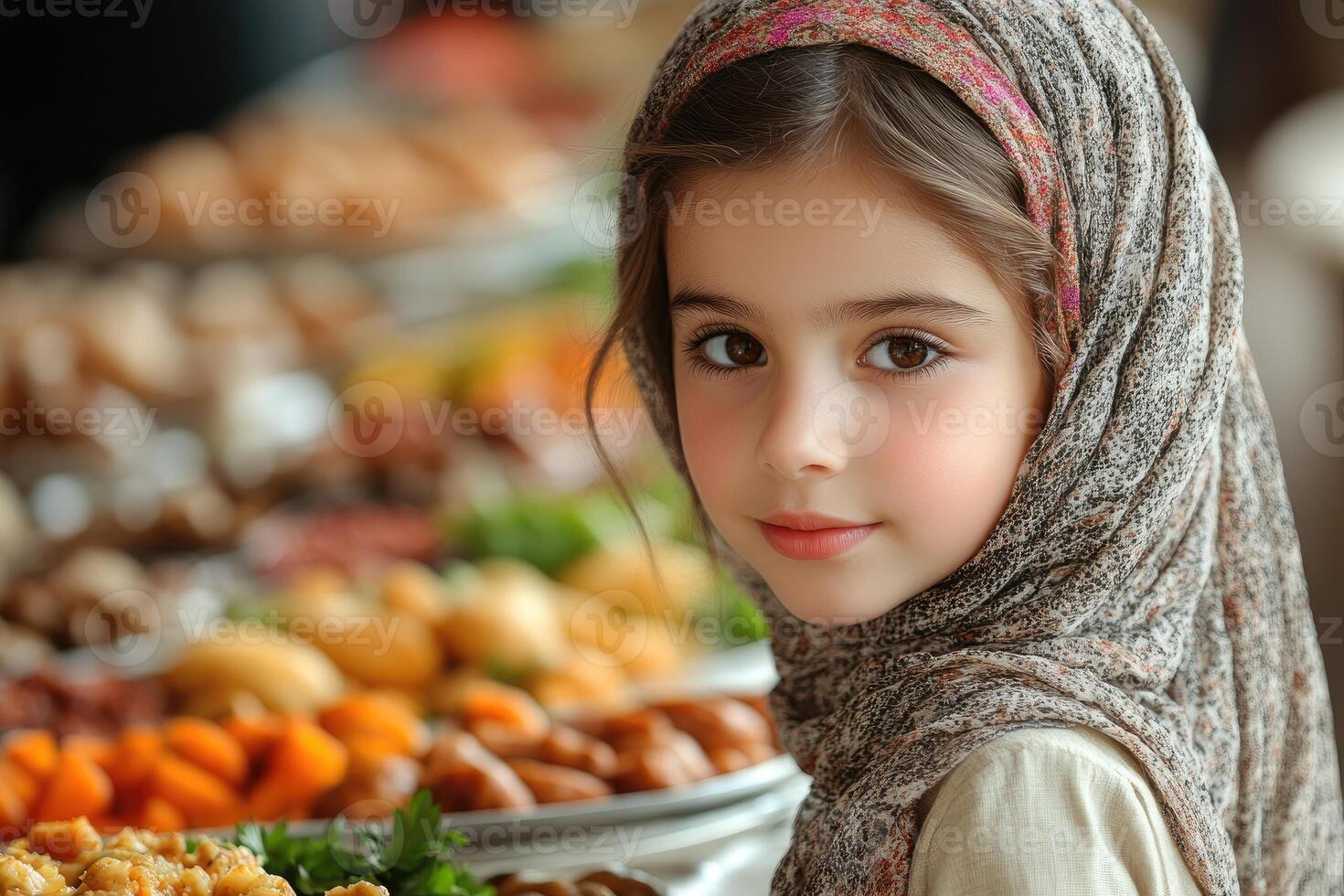 A young girl wearing a headscarf standing in front of a buffet of food photo