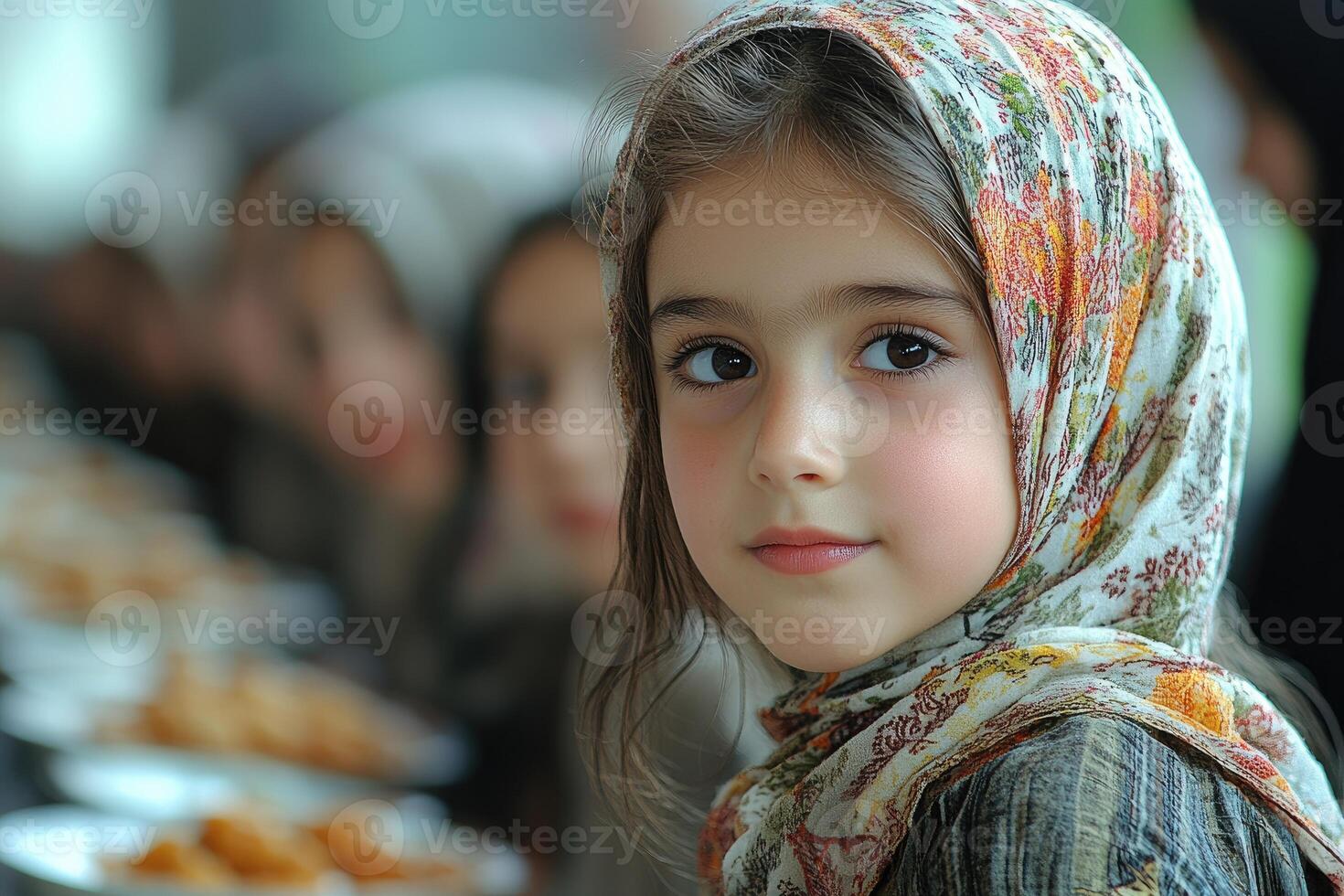 A young girl wearing a headscarf and sitting at a table photo