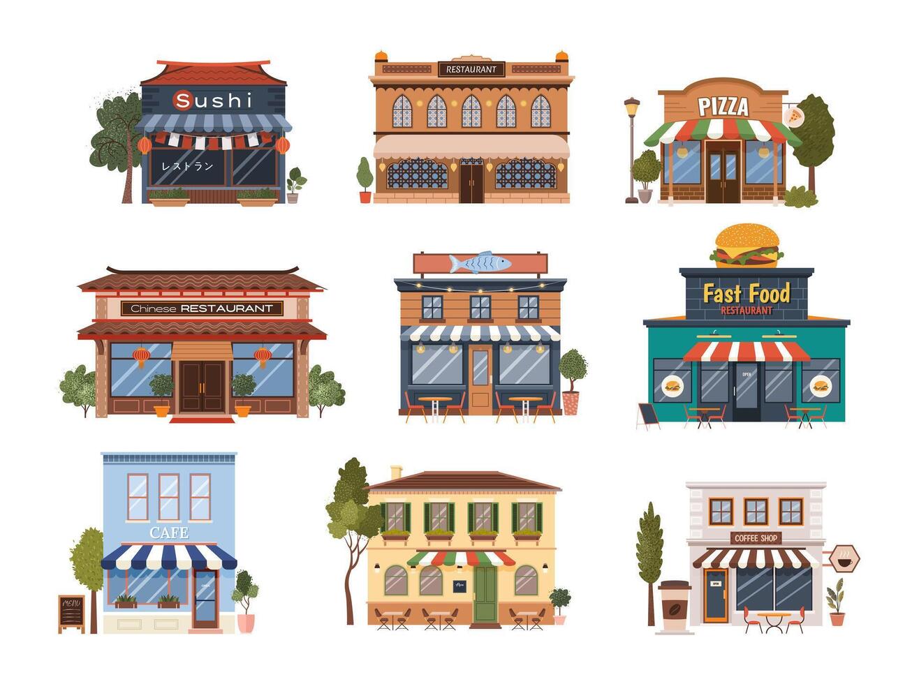 Set of various flat urban building icons. Isolated municipal buildings, cafe, coffee shop, Italian, Chinese, Indian, pizza, fast food restaurants, sushi on a white background. vector
