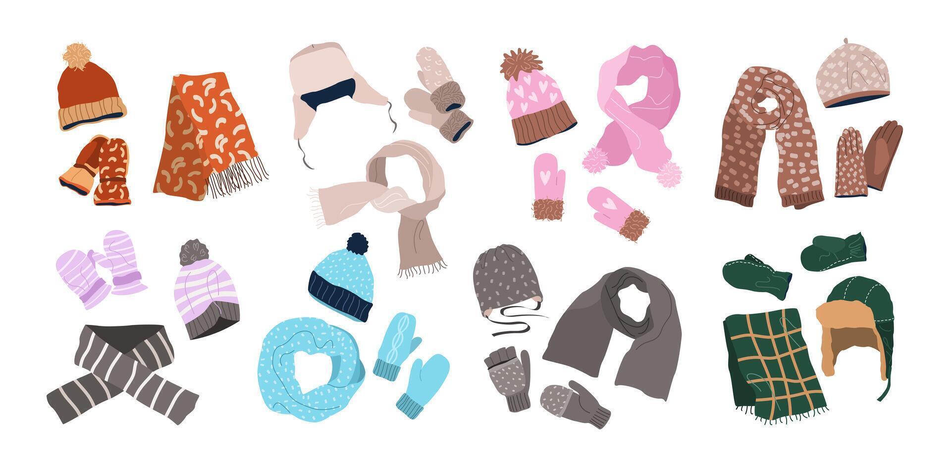 Set of winter scarves, hats, and gloves. Woolen, knitted, and cotton accessories for men, women, and children. Stylish and cozy garments for cold weather. Isolated flat illustrations on white. vector