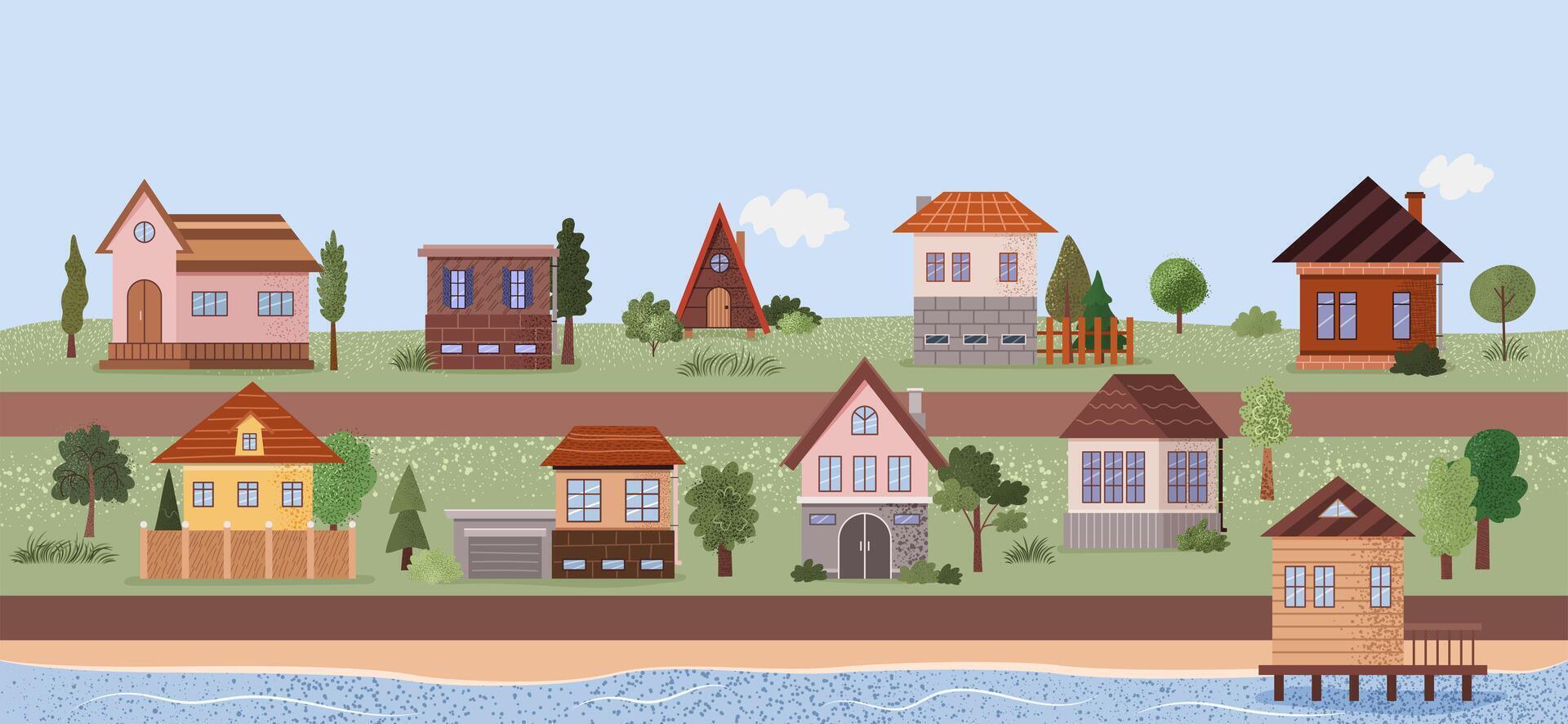 Countryside view with suburban buildings, field, trees, river, bushes. Flat illustration of beautiful small town in nature, rural area, lush grass. Cozy traditional houses line a rural alleyway vector