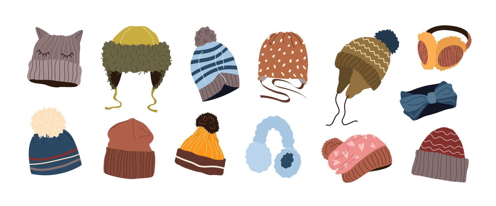Winter hats set. Wool caps, knitted beanie, ear warmer, earmuffs, hat with earflaps and pompon for men, women and kids. Fashion head accessories, warm garments. Isolated flat illustrations. vector