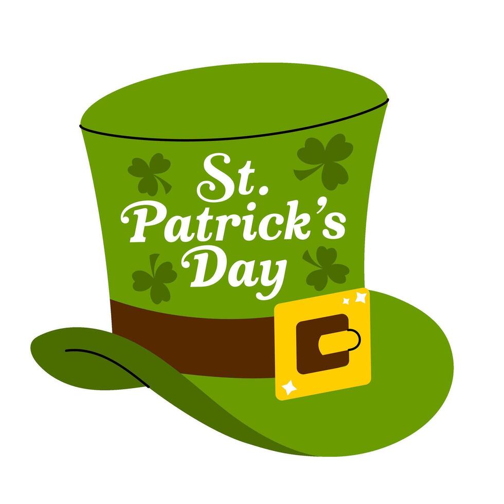 St. Patrick Day lettering. Green leprechaun headdress. Clover is a symbol of luck. Traditional Irish holiday. vector