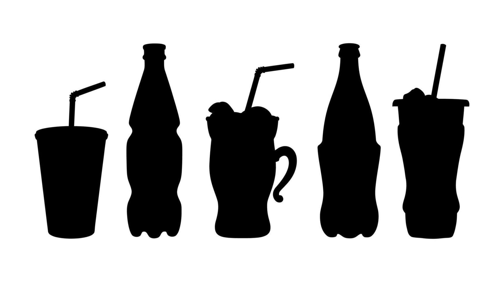 Black and White Soda Bottles and Drink Cup Silhouettes - Beverage Containers Design vector
