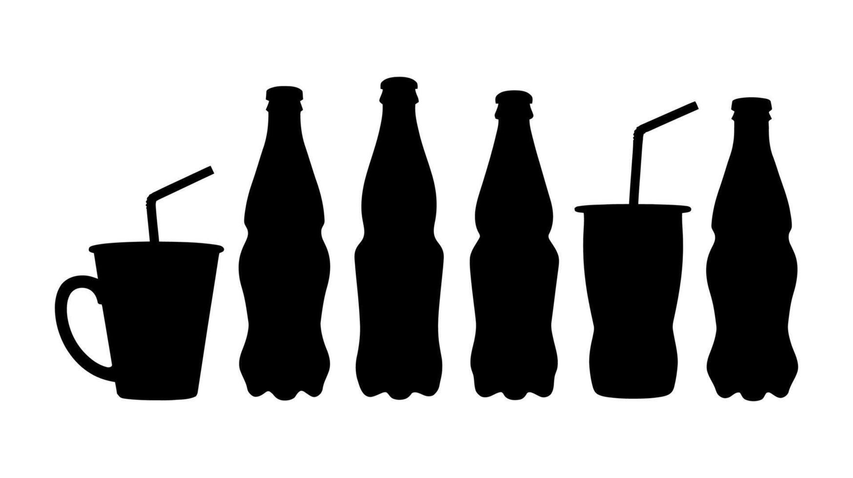 Soda Bottles and Drink Cup Silhouettes - Black and White Beverage Containers Design vector