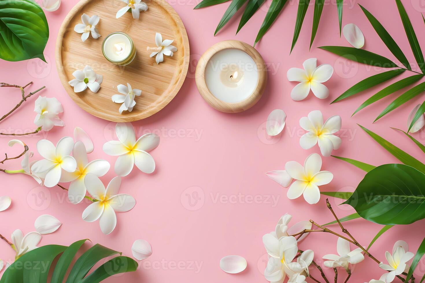 spa and tropical flowers on pink background photo