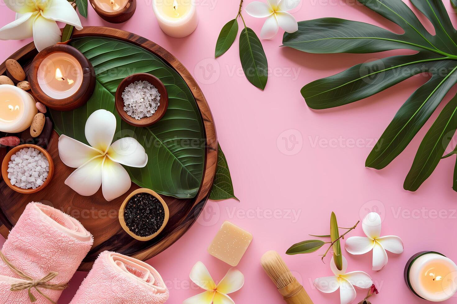 spa accessories on pink background photo
